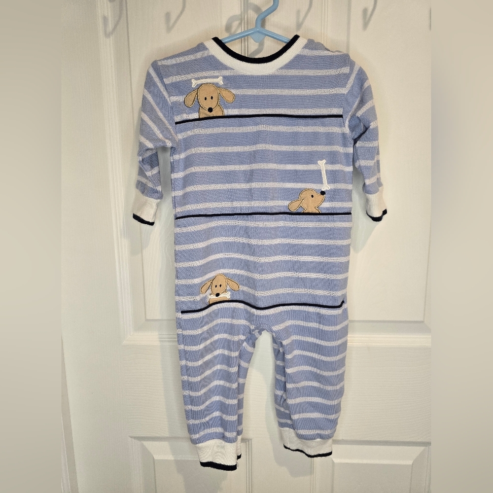 Florence Eiseman Striped Blue and White One Piece With Dog Appliques 18 Months